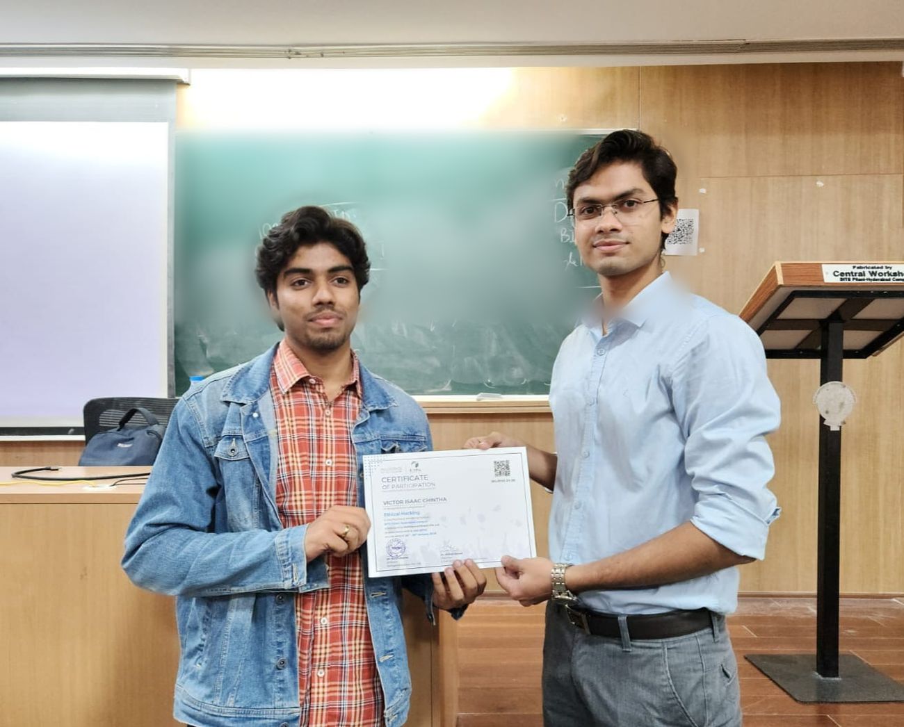 Victor receiving his Ethical Hacking certificate of participation at BITS Pilani Hyderabad Campus