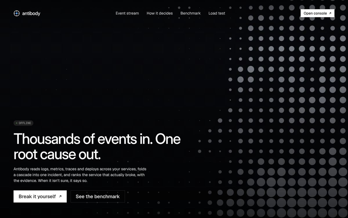 Antibody landing page: Thousands of events in. One root cause out.