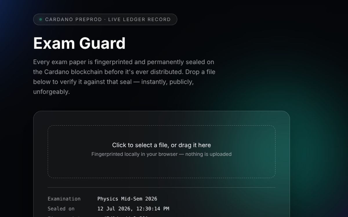 Exam Guard verification screen showing a sealed exam paper fingerprint