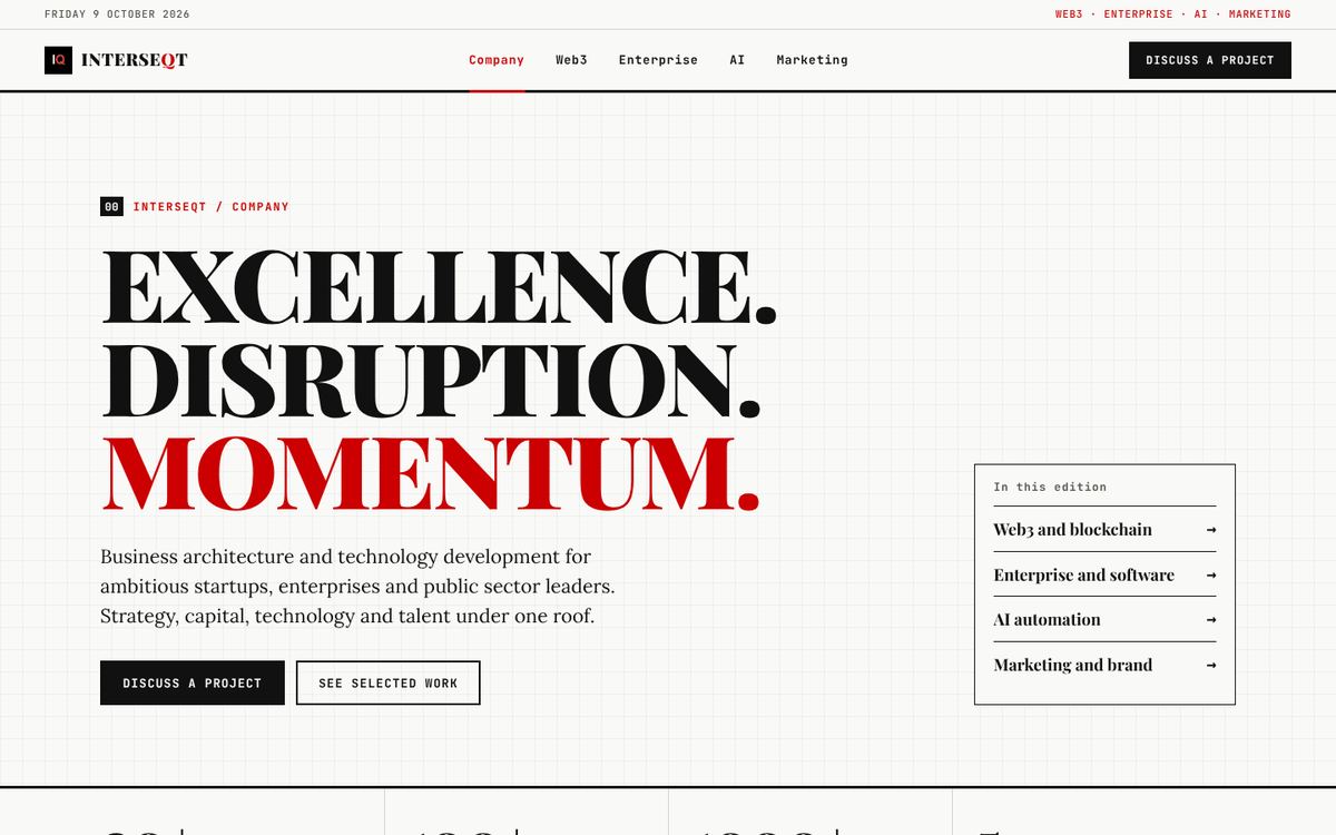 Interseqt company page with the headline Excellence. Disruption. Momentum.