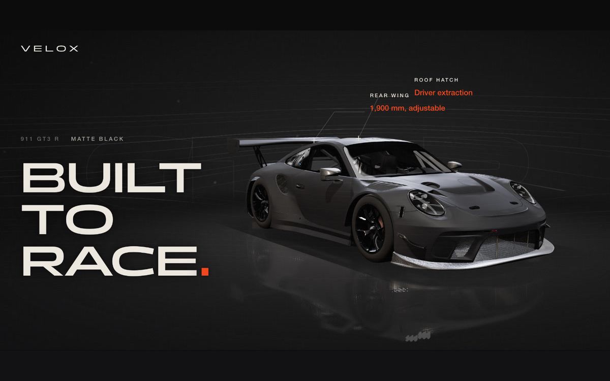 A matte black 911 GT3 R in a dark wind tunnel beside the headline Built to race