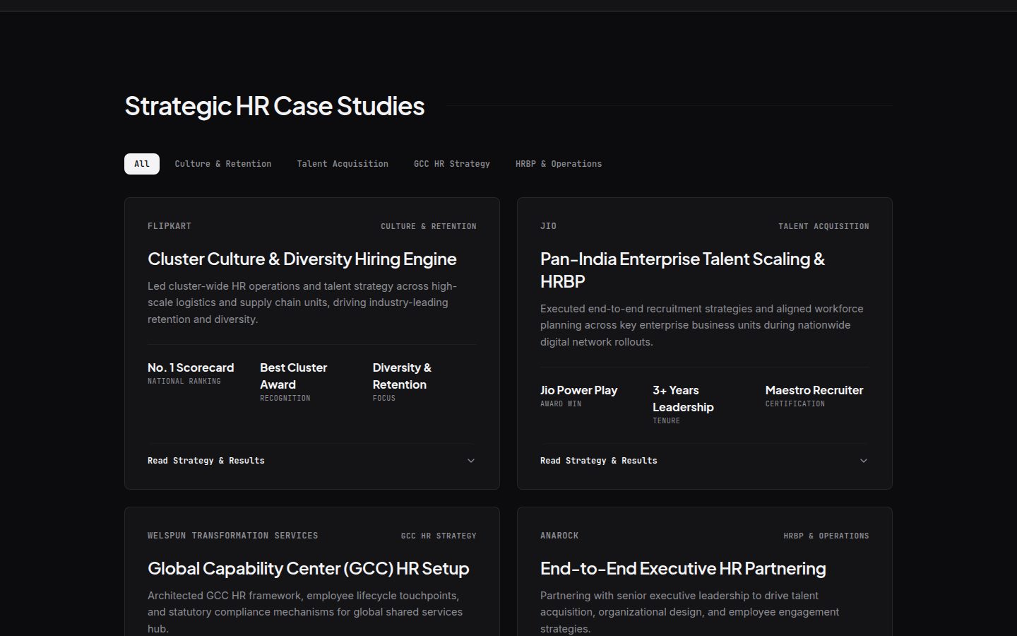 Screenshot of the Strategic HR Case Studies section on hrpavan.com