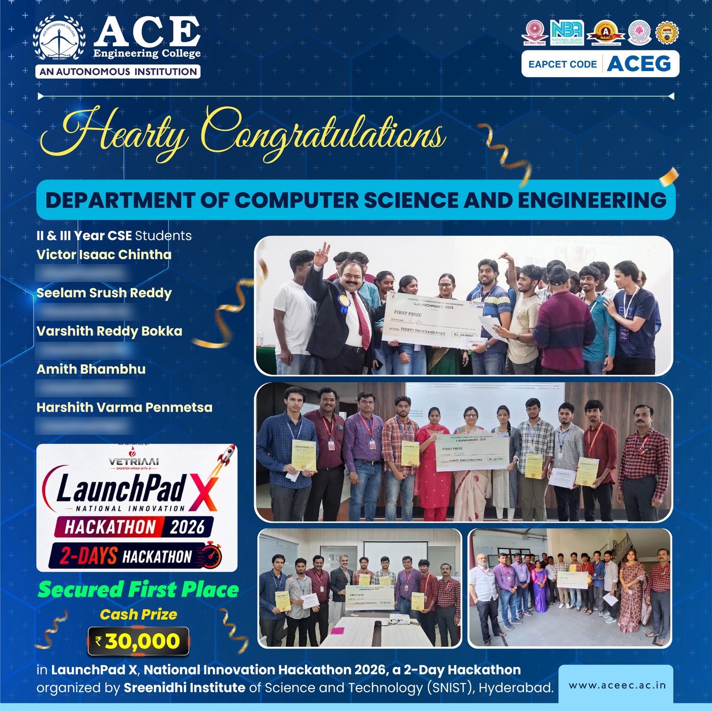 ACE Engineering College poster congratulating Victor Isaac Chintha, Seelam Srush Reddy, Varshith Reddy Bokka, Amith Bhambhu and Harshith Varma Penmetsa on securing first place and a Rs. 30,000 cash prize