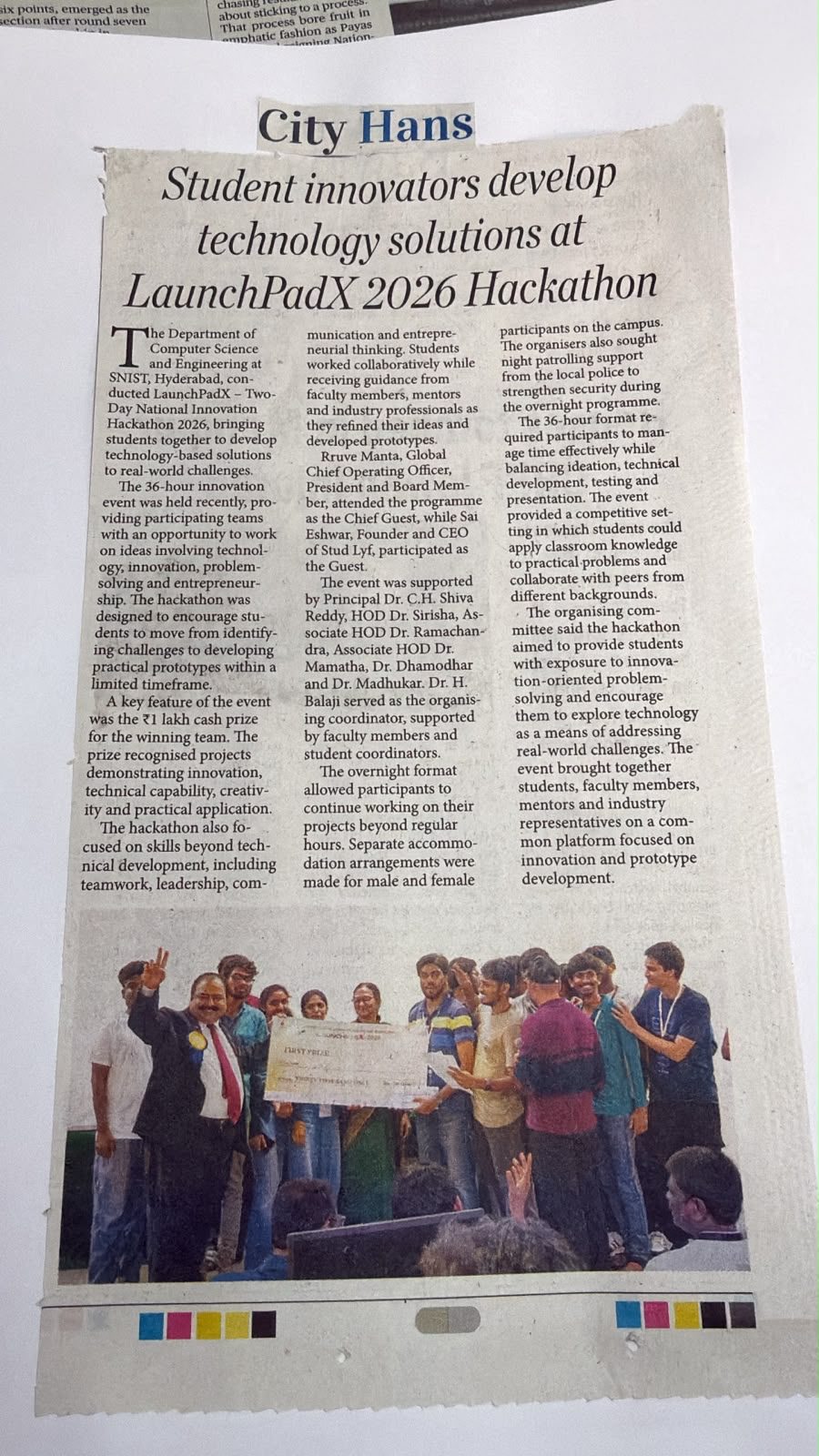Newspaper clipping from City Hans headlined: Student innovators develop technology solutions at LaunchPadX 2026 Hackathon