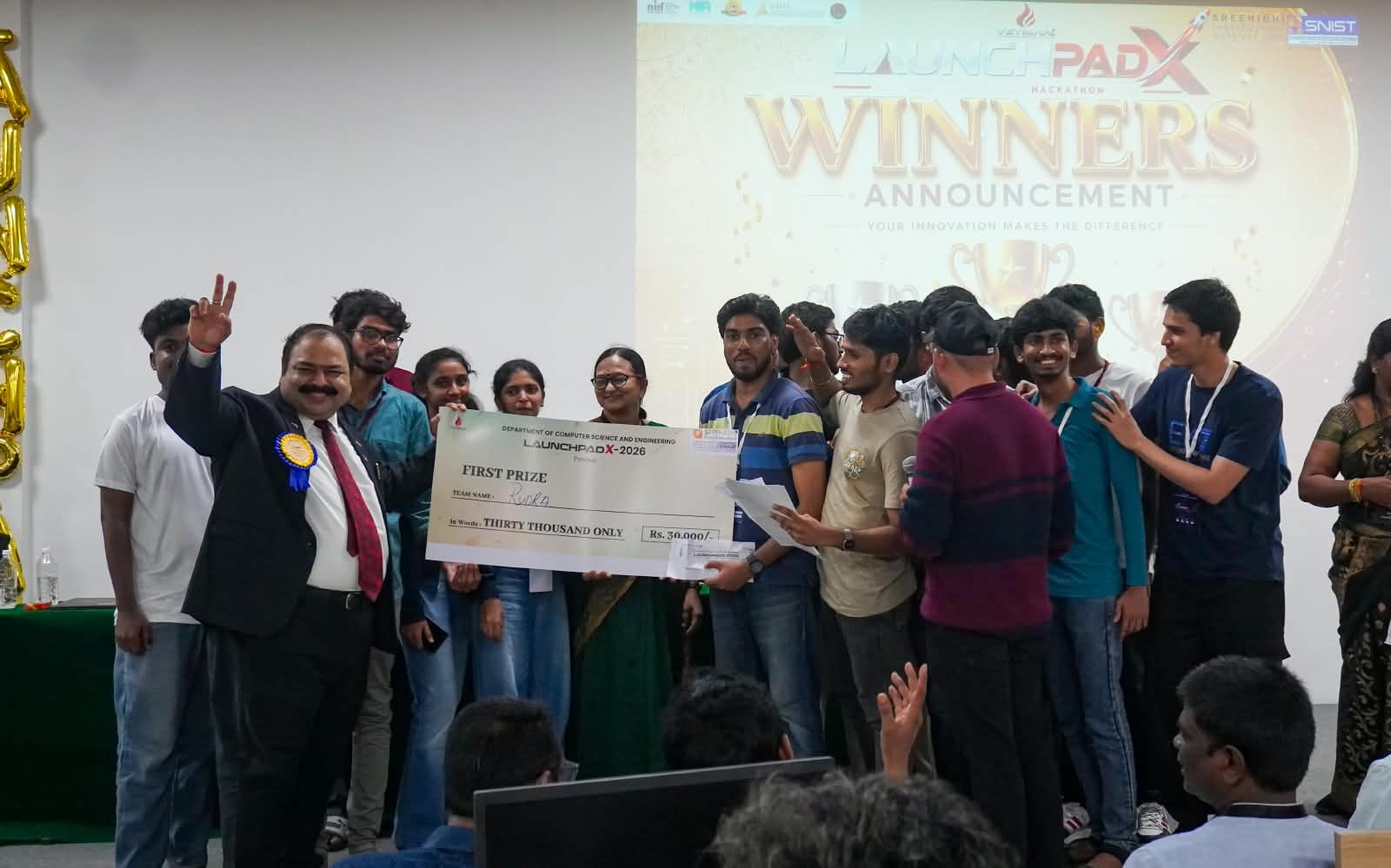 Team Rudra on stage receiving the first prize at the LaunchPad X winners' announcement